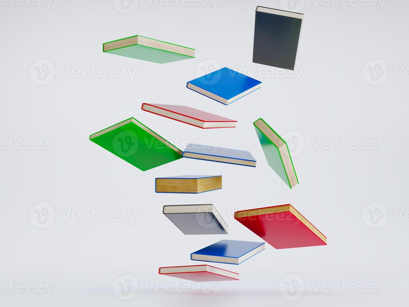 Colorful hardcover books flying on white background, Stack of books in colour covers photo