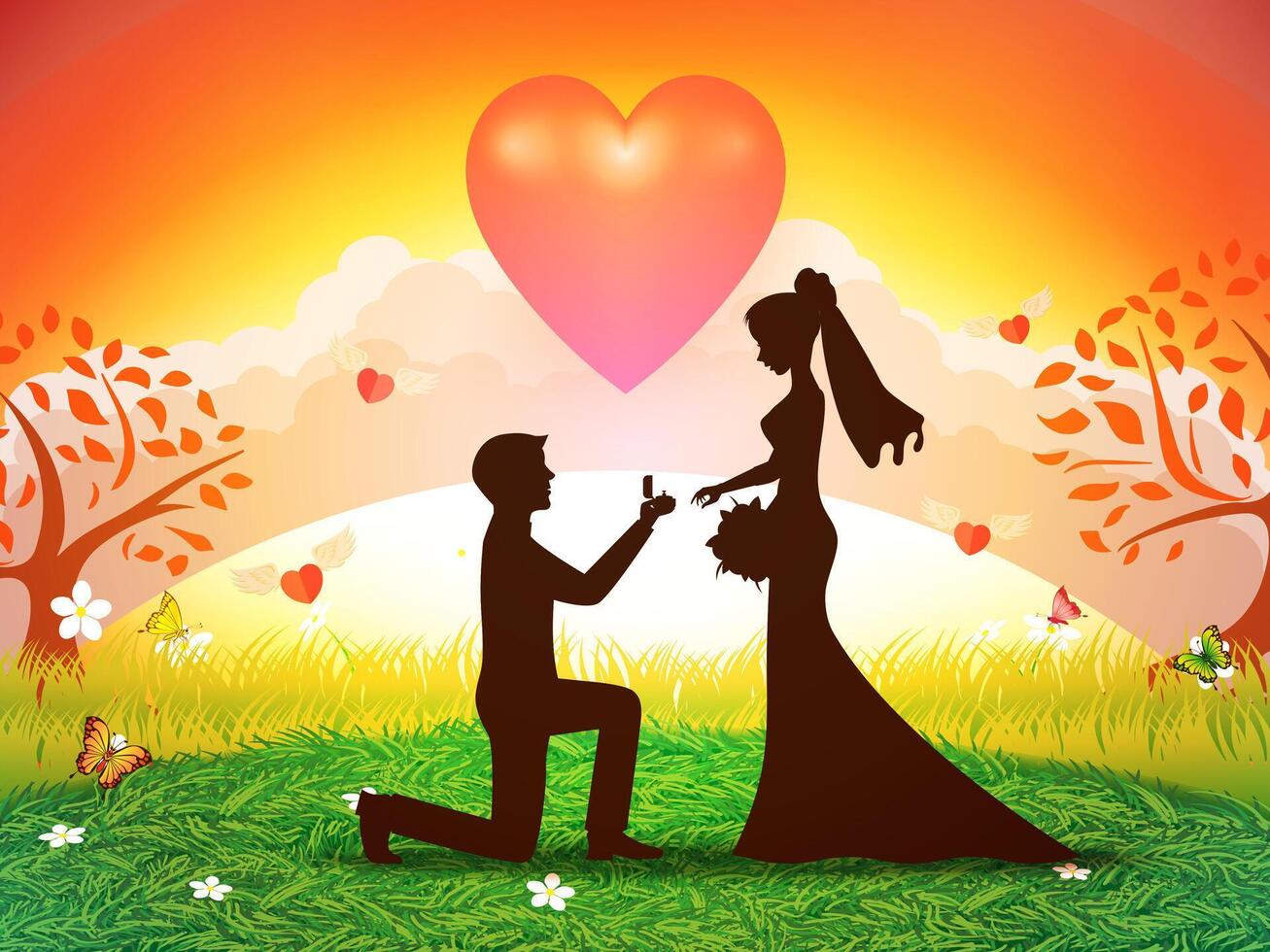 banner for web love and Valentine's Day. Two lovers on a meadow under the sunset with a heart of love. 3D paper from digital craft. vector