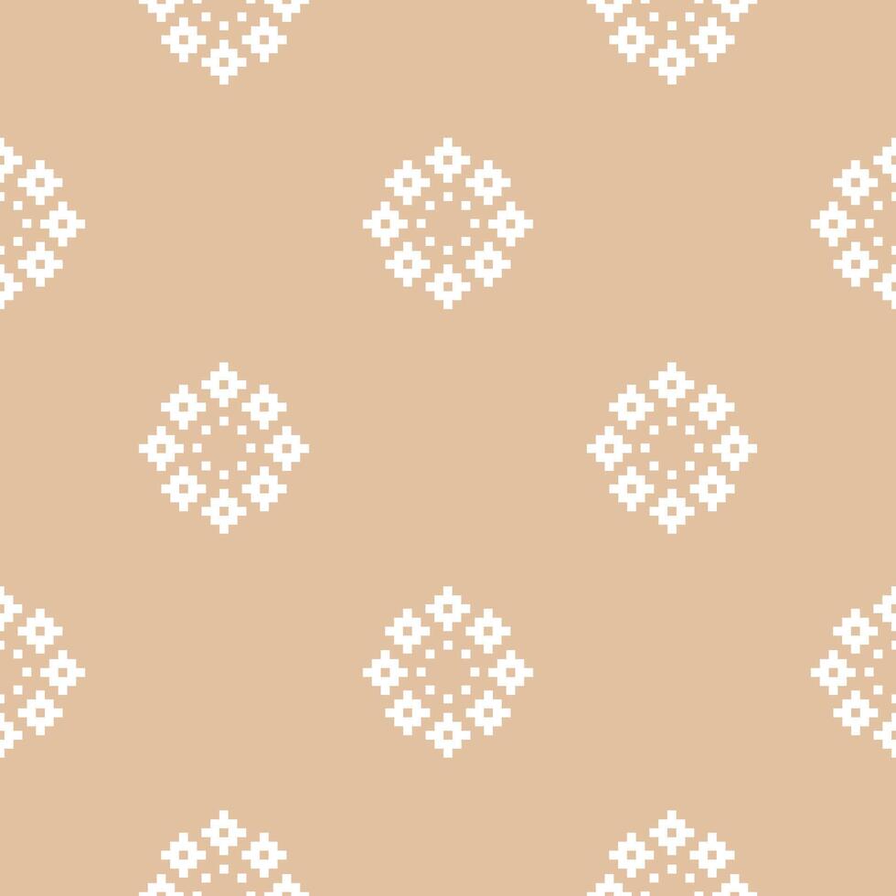 Cross stitch with ethnic design fabric pattern pixel art brown cream color background decoration. vector