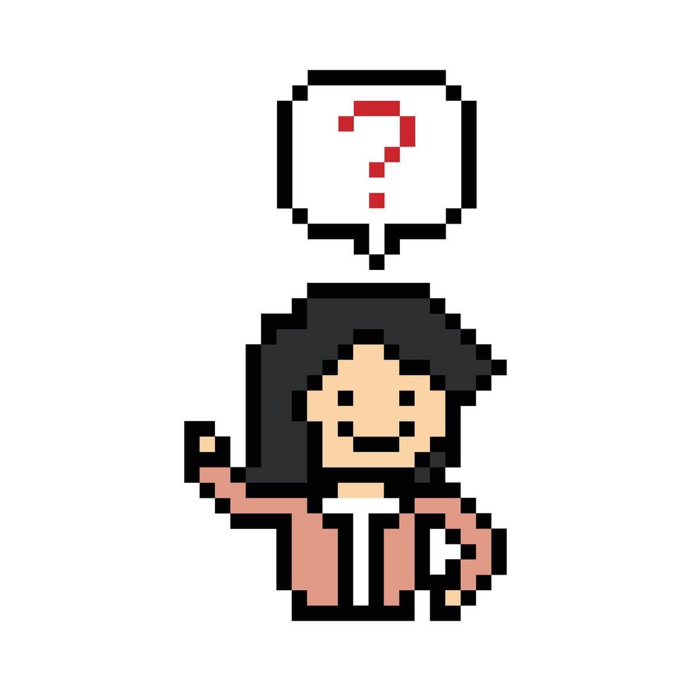 Cartoon of lady girl woman female with question mark of question query questionaire 8bit art. vector