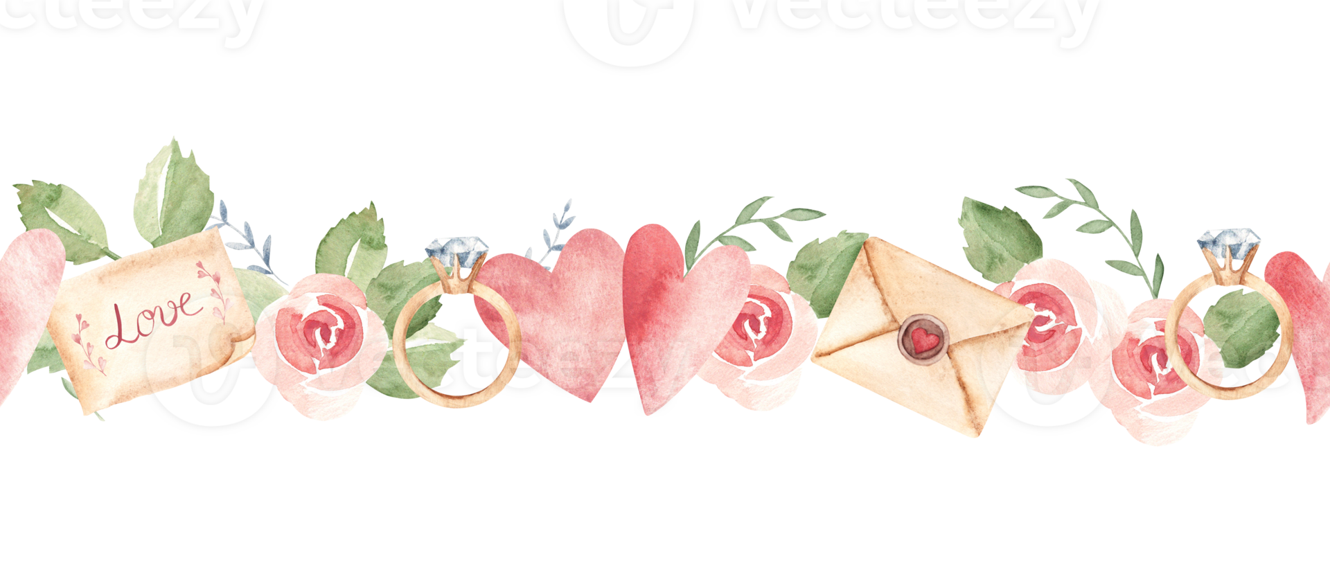 San Valentino, nozze orizzontale acquerello senza soluzione di continuità confine modello con mestiere buste, Vintage ▾ lettere, rosa cuori e Rose e diamante Fidanzamento squillo. acquerello mano disegnato illustrazione. png