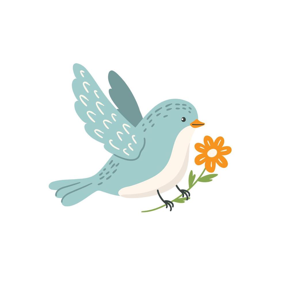 Cute cartoon bird carries a spring flower in its paws, flat illustration vector