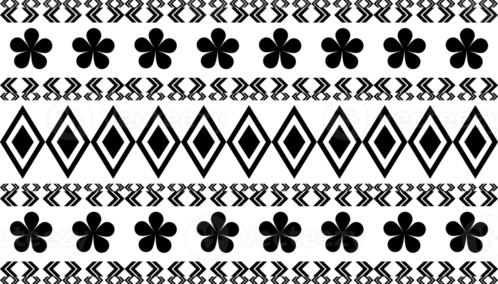 Repeating geometric and floral pattern in black and white. Geometric tribal border,flowers,diamonds,arrow-like shapes. Suitable for textile prints, backgrounds,wallpaper,graphic design. png