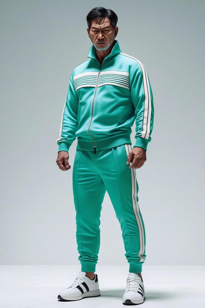 Man wearing a teal tracksuit standing with a determined expression. Studio fashion portrait emphasizing sporty casual style photo