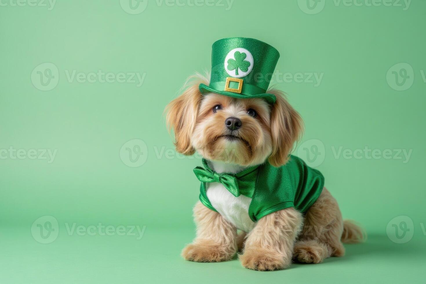 Adorable dog in green costume with shamrock hat celebrating st. patrick's day. photo