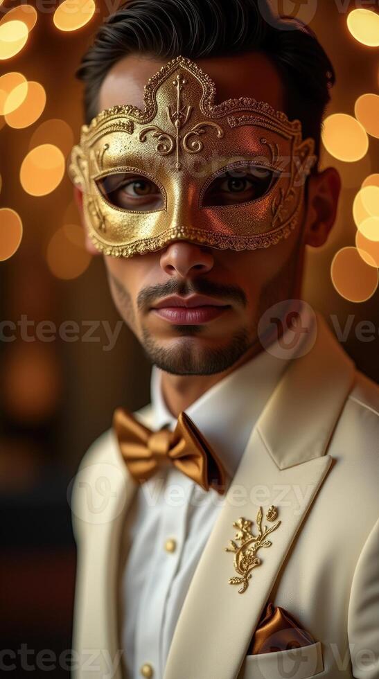 Masked elegance. young male in gold mask and formal attire. photo