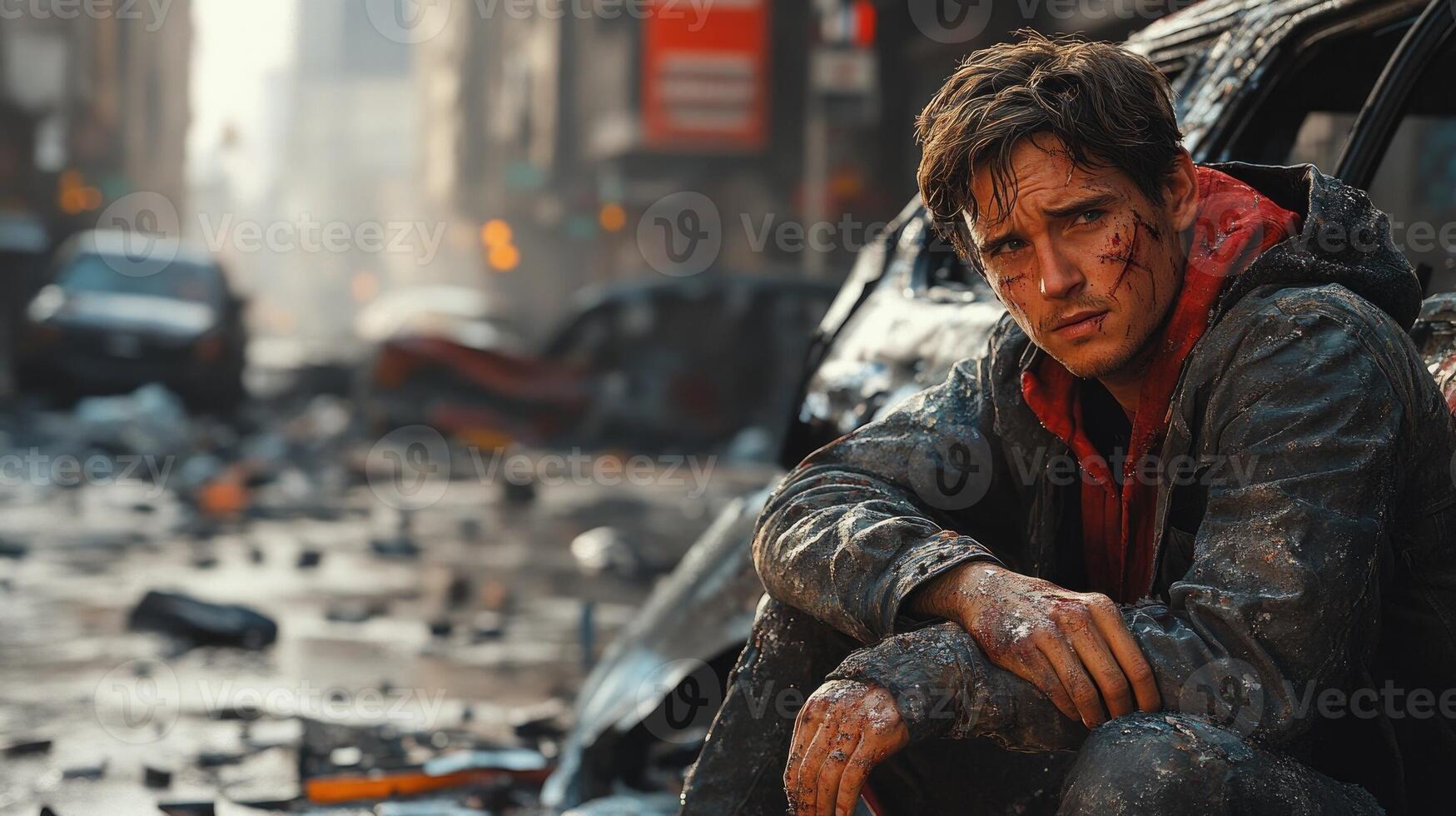 Male survivor in abandoned urban street after catastrophe. photo