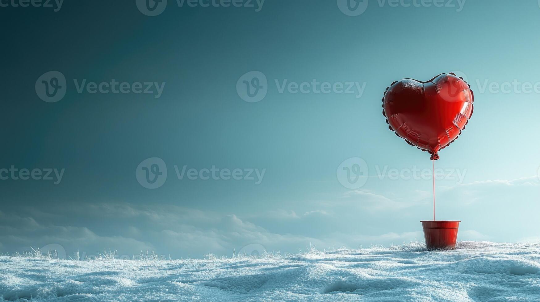 Solitary red heart balloon in snowy landscape under clear sky. photo
