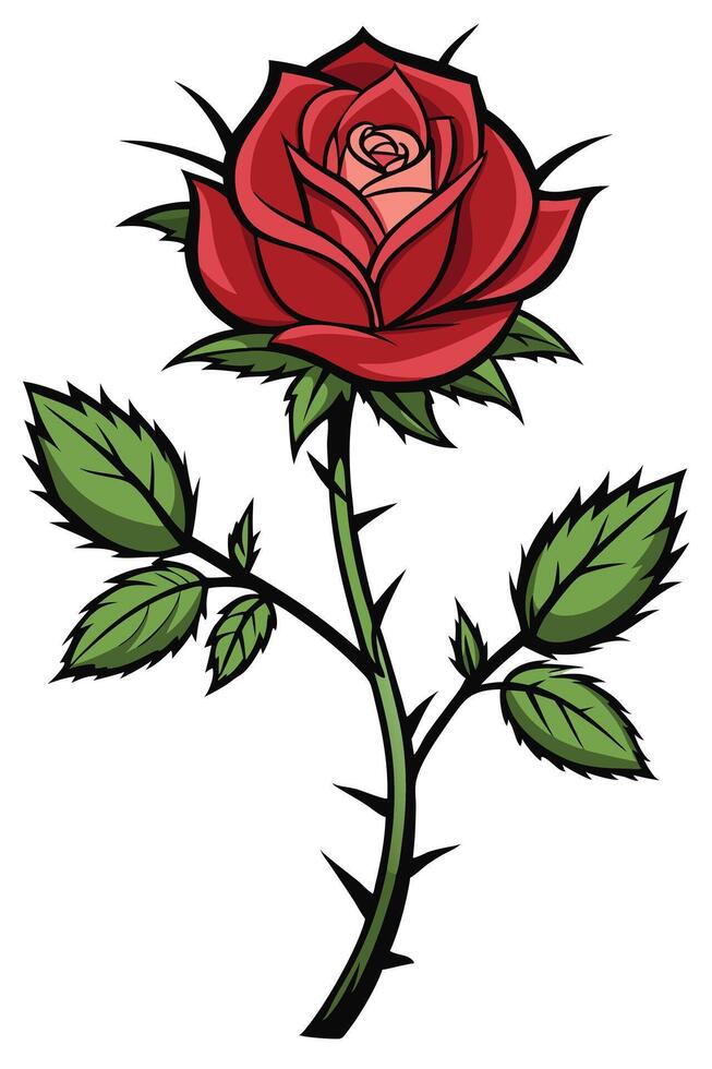 Single Red Rose Bloom, Green Leaves, Thorns, Stem, Plant, Flower, Nature, Illustration, Art vector