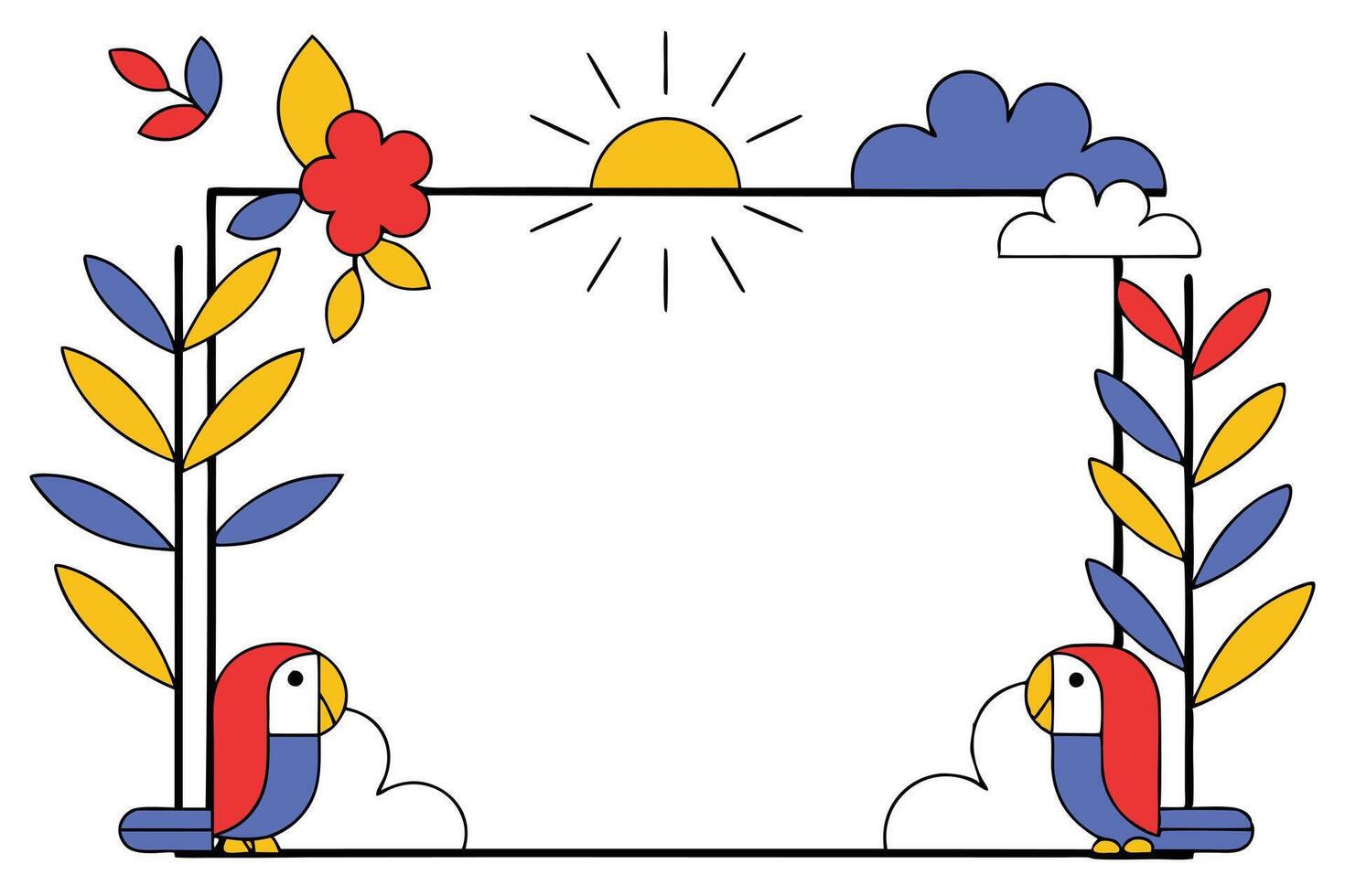 Tropical Birds Frame Sun, Clouds, Flowers, Colorful Border vector