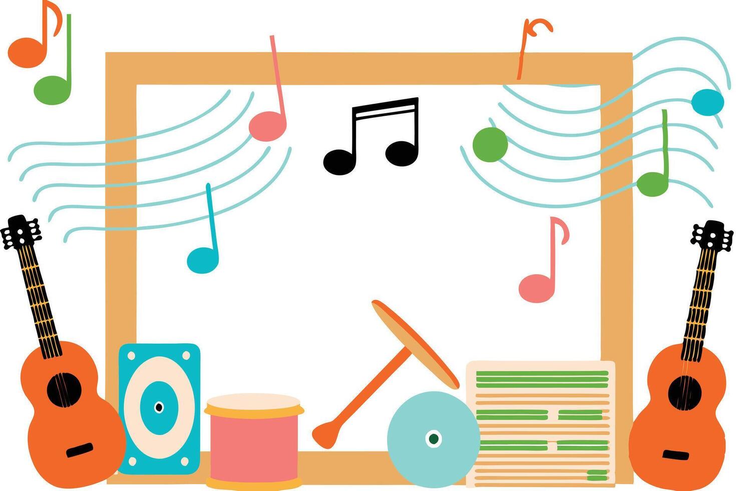 Colorful Music Instruments Frame Guitars, Drums, Notes, and Sounds vector
