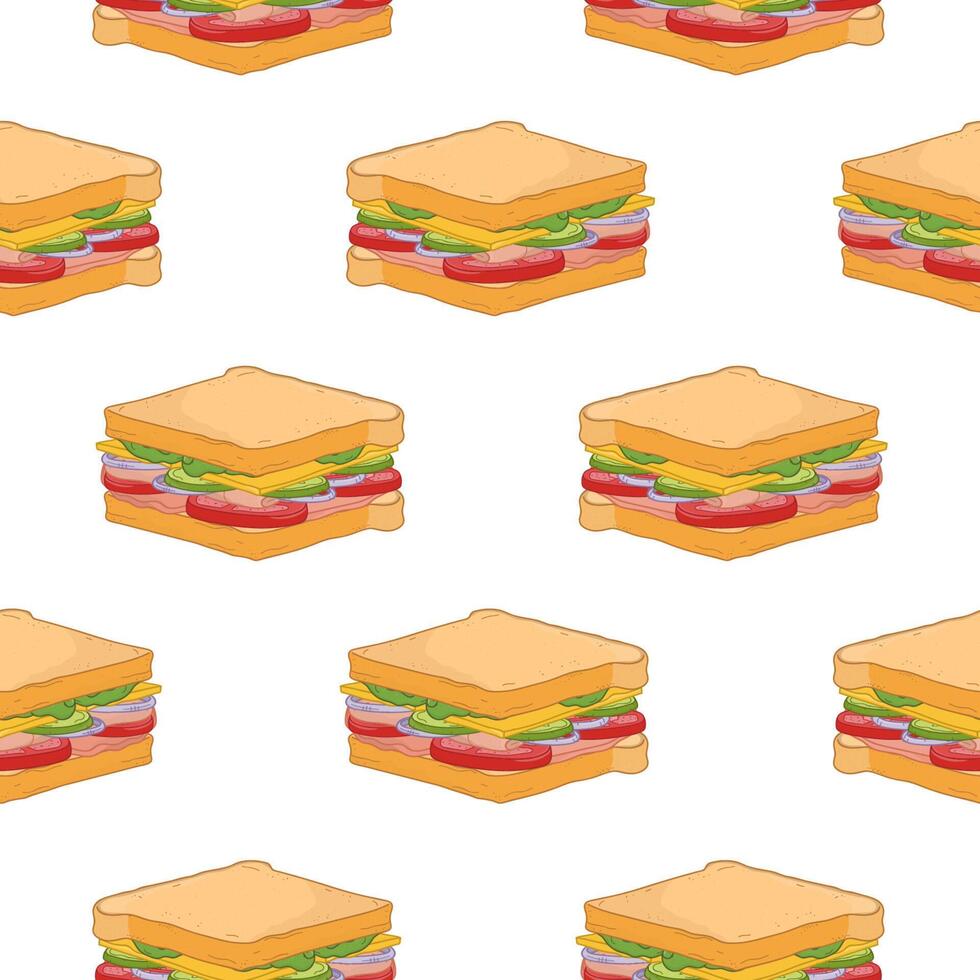 Seamless pattern with delicious sandwiches on white background. Tasty appetizing fast food meal for lunch or dinner. Colorful realistic illustration for wrapping paper, fabric print, wallpaper. vector