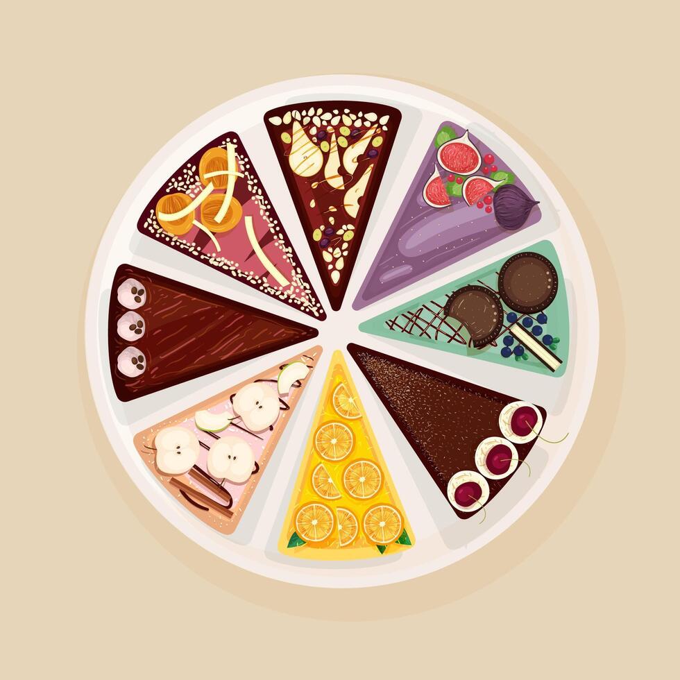 Sweet cake or tart divided into eight parts with various tastes and toppings. Delicious baked confection, elegant tasty dessert. Top view. Colorful illustration in flat cartoon style. vector