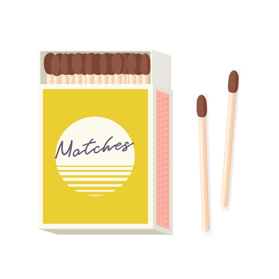 Matchbox and pair of wooden matches lying beside it isolated on white background. Household flammable tool for lighting fire in cardboard box. Colorful illustration in flat cartoon style. vector