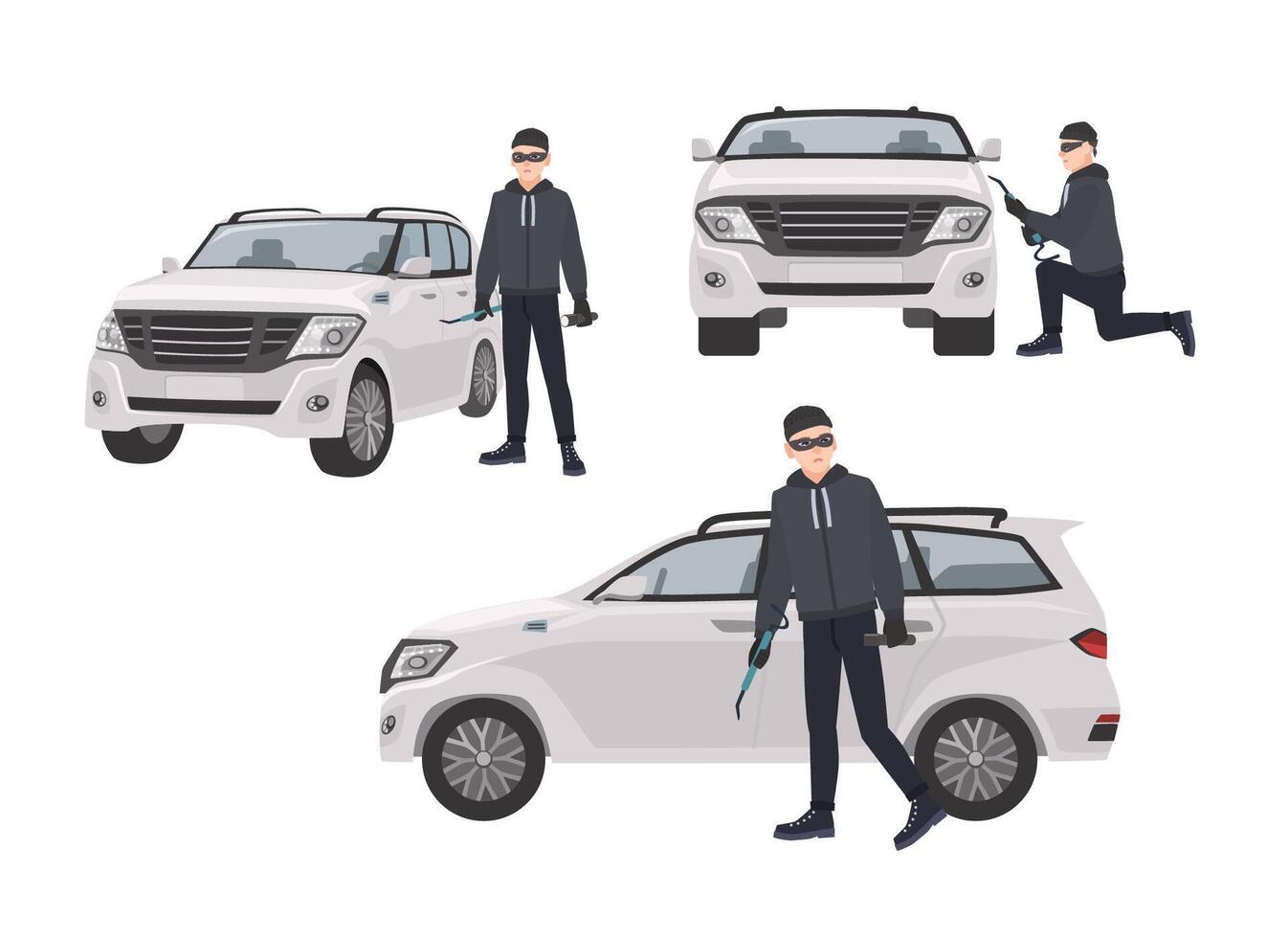 Set of hijacker wearing black clothes and mask standing beside car and trying to break into it. Male cartoon character committing crime isolated on white background. illustration in flat style. vector