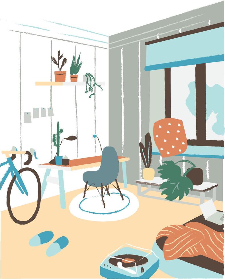 Modern cabinet or bedroom furnished in Scandic hygge style with desk, chair, bed, potted plants. Stylish and comfortable Scandinavian apartment interior. Flat colorful hand drawn illustration. vector