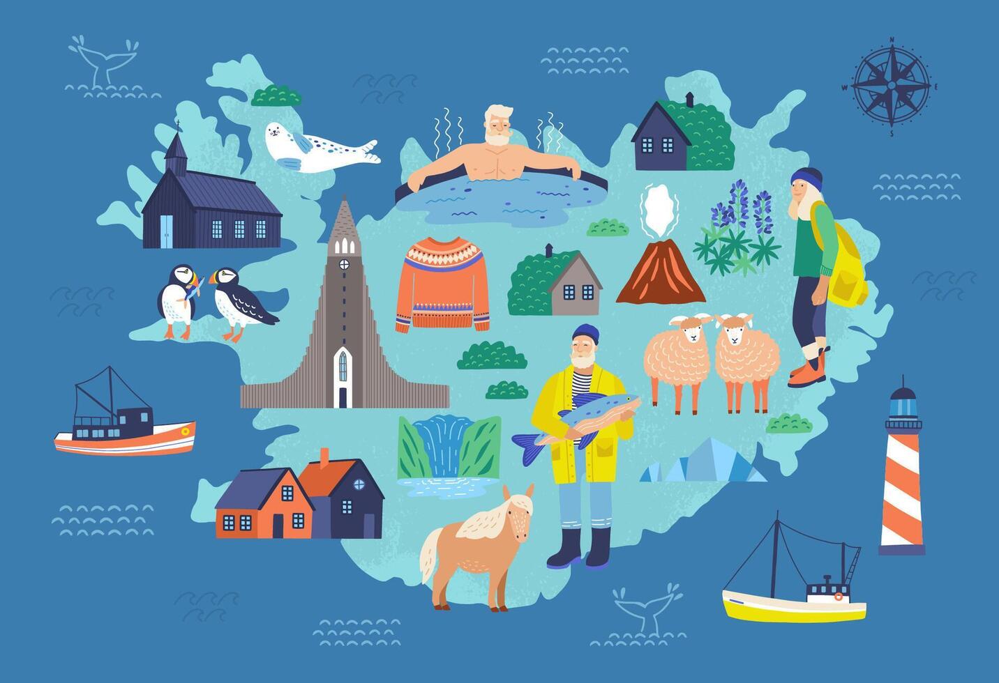 Map of Iceland with touristic landmarks and national symbols - lighthouse, sheep, fisherman, man in hot pool, Icelandic horse, Hallgrimskirkja. Colorful illustration in flat cartoon style. vector