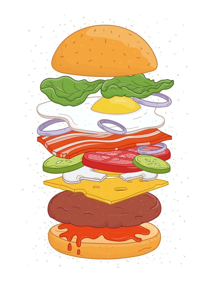 Tasty hamburger with layers or ingredients isolated on white background - buns, fried egg, vegetables, cheese, mushrooms. Realistic drawing of burger or sandwich, fast food meal. illustration. vector