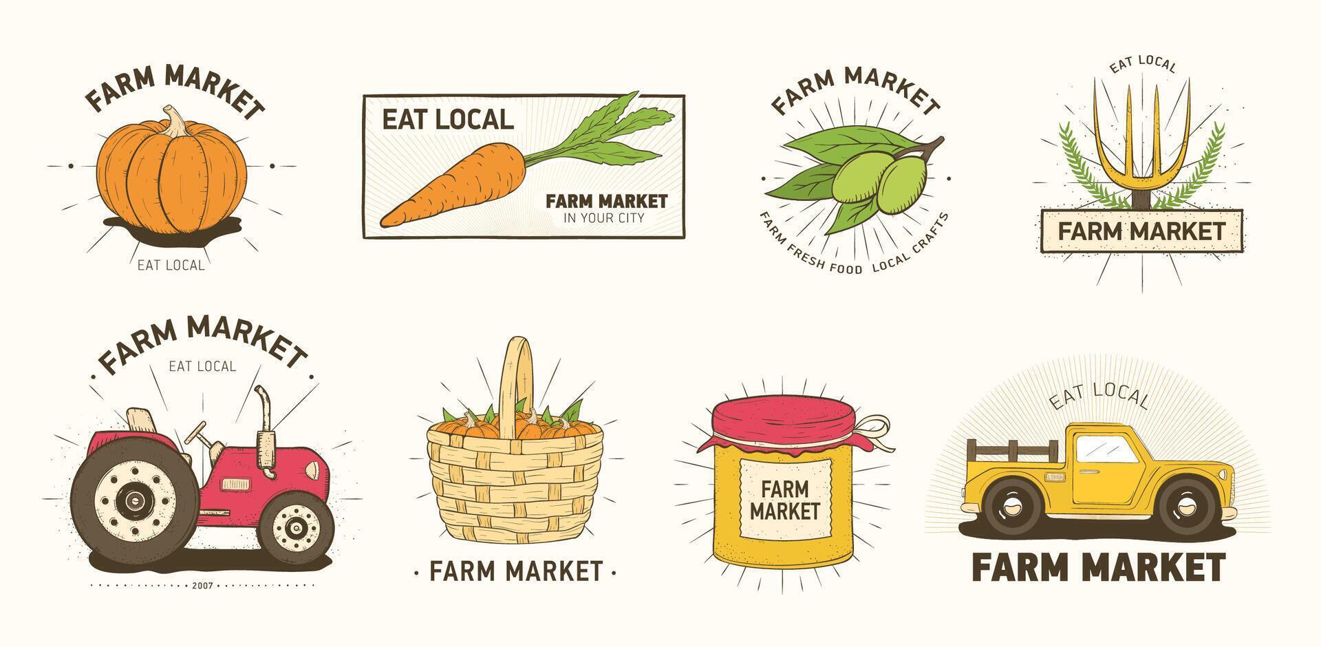 Collection of farm or agricultural market logo or labels with vegetables, farmer's machines, tools and equipment isolated on white background. Colorful illustration in modern line art style. vector