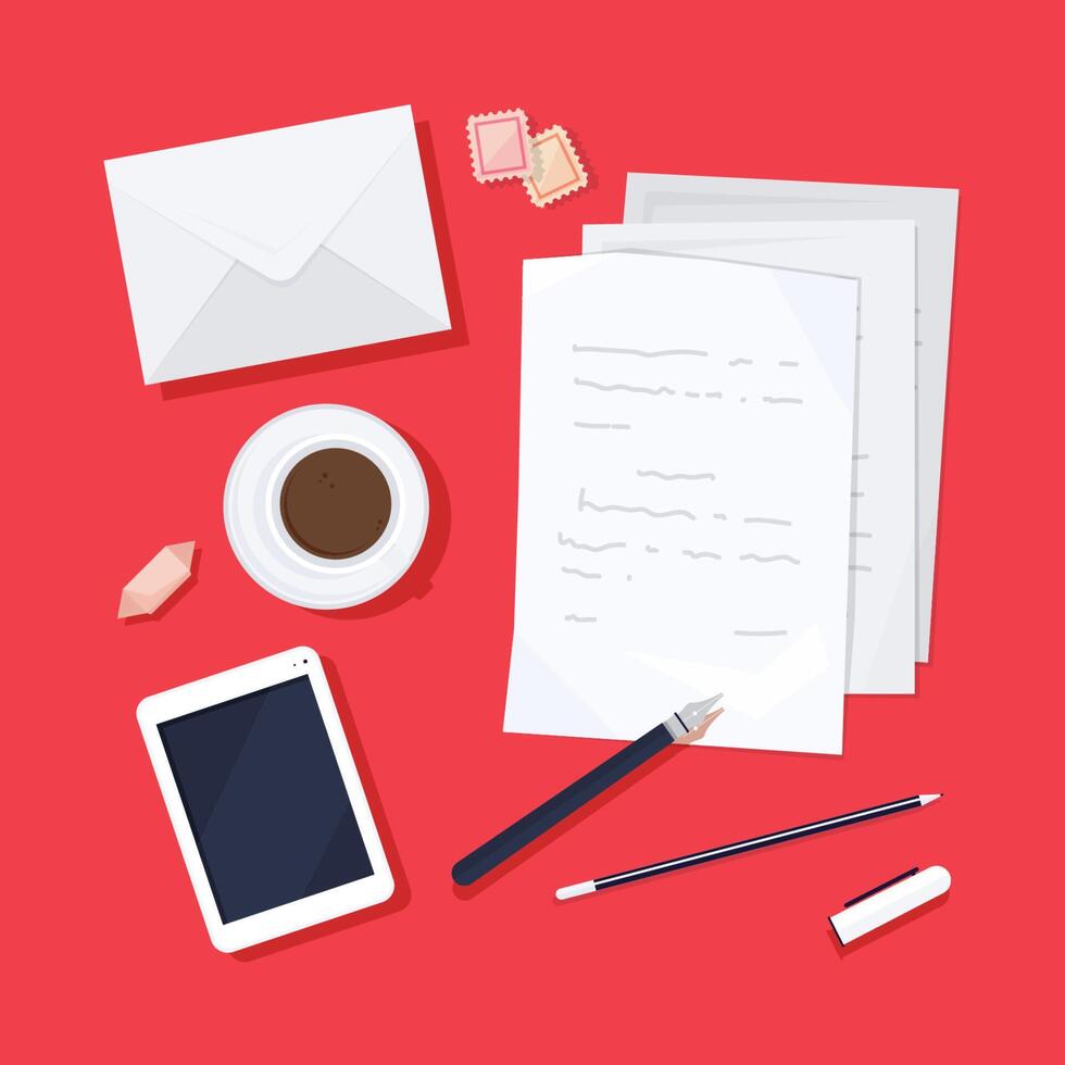 Paper pages with written text, envelope, postage stamps, fountain pen, pencil, smartphone, cup of coffee and sweet on desk surface, top view. Letter writing and sending. Flat illustration. vector