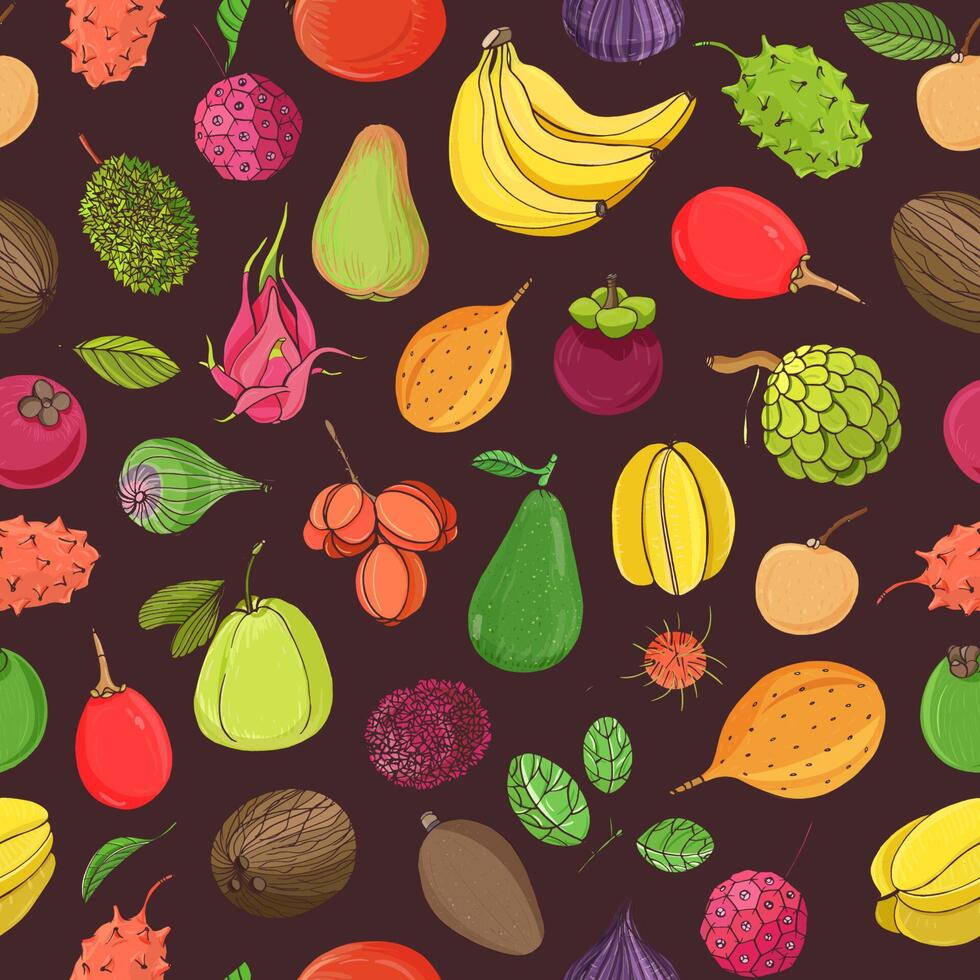 Natural seamless pattern with whole tasty fresh ripe juicy exotic tropical fruits on dark background. Hand drawn realistic illustration for textile print, wrapping paper, backdrop, wallpaper. vector