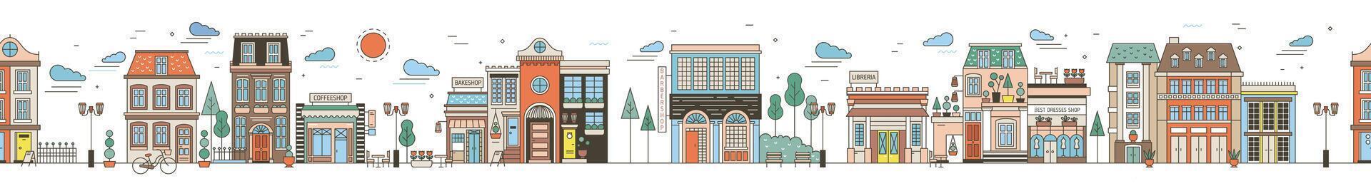 Seamless horizontal urban landscape with city street. Cityscape with beautiful buildings, residential houses, shops, park, driving car. Modern colorful illustration in line art style. vector