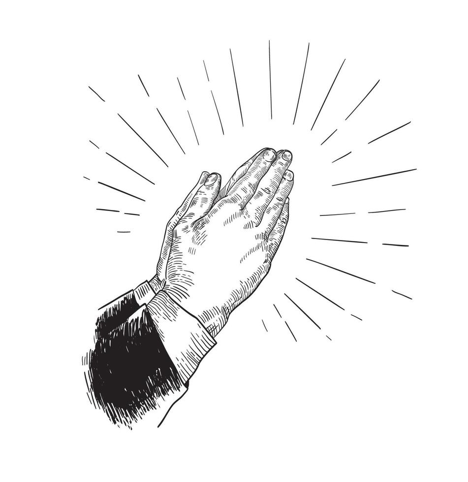 Folded praying hands drawn with black contour lines on white background. Beautiful retro drawing of religious prayer's gesture. Elegant monochrome illustration in vintage engraving style. vector