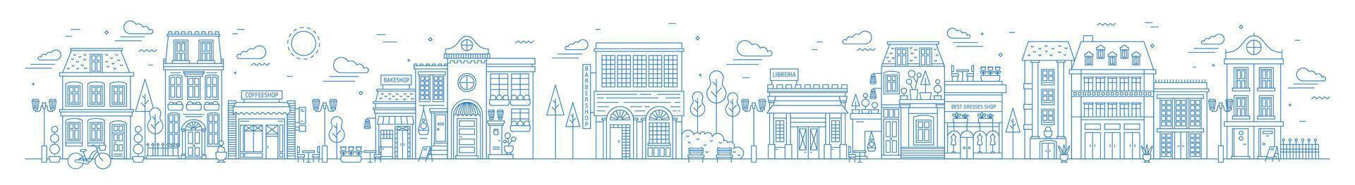 Monochrome horizontal urban landscape with city or town street or district. Cityscape with living houses and shops drawn with contour lines on white background. illustration in lineart style. vector
