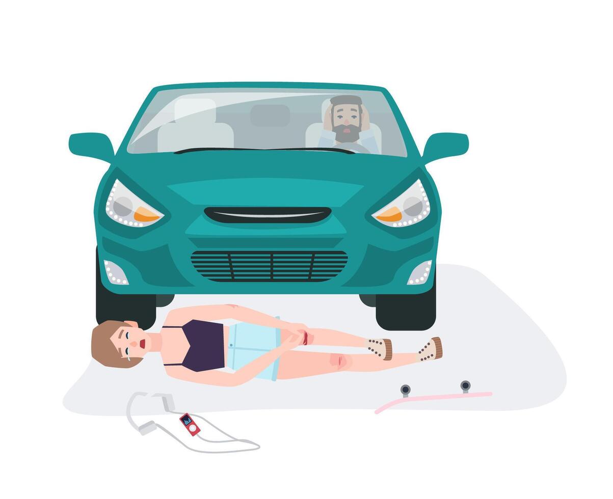 Automobile knocking down girl on skateboard. Traffic collision with skateboarder involved. Car or traffic accident with injured person isolated on white background. Flat cartoon illustration. vector