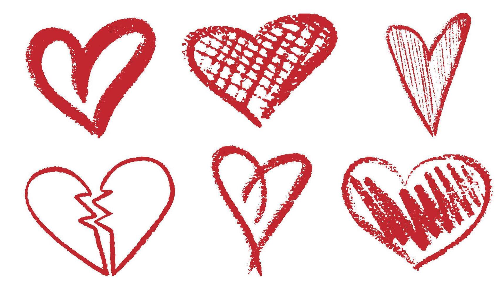 Charcoal hearts set. Pencil or charcoal drawings different love broken heart shape. Chalk drawn sketch for Valentines Day and romantic. kit of textural crayon drawings of simple shapes. vector