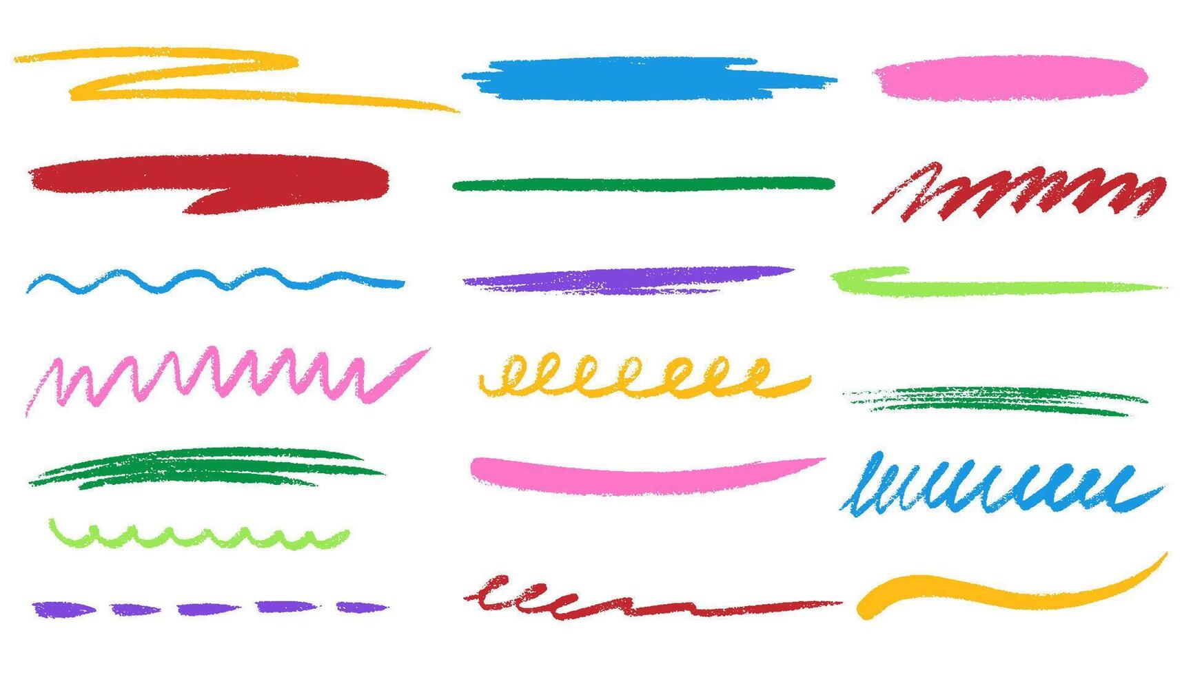 Grunge strikethrough and underline elements. Color Chalk lines, charcoal highlight strokes doodle set. Pencil underlines, kids crayon strips, brush line in sketch style. Crosses and curved strokes. vector