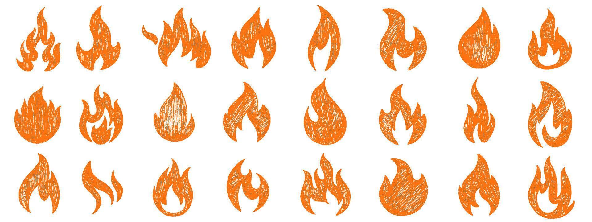 Fire shapes drawn with crayon. Hand drawn graffiti shapes. Doodle abstract scribbles and squiggles, fire icons and elements. vector