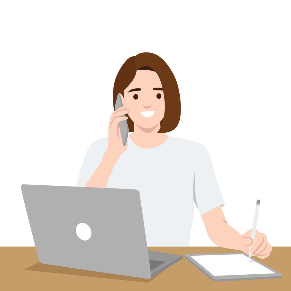 Multitasking woman talking on the phone while writing on a tablet and working on a laptop. vector