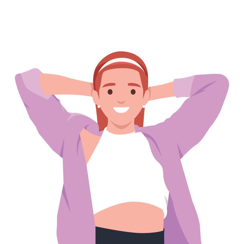 Relaxed and Cheerful Woman in Casual Attire with her hands behind her head. vector