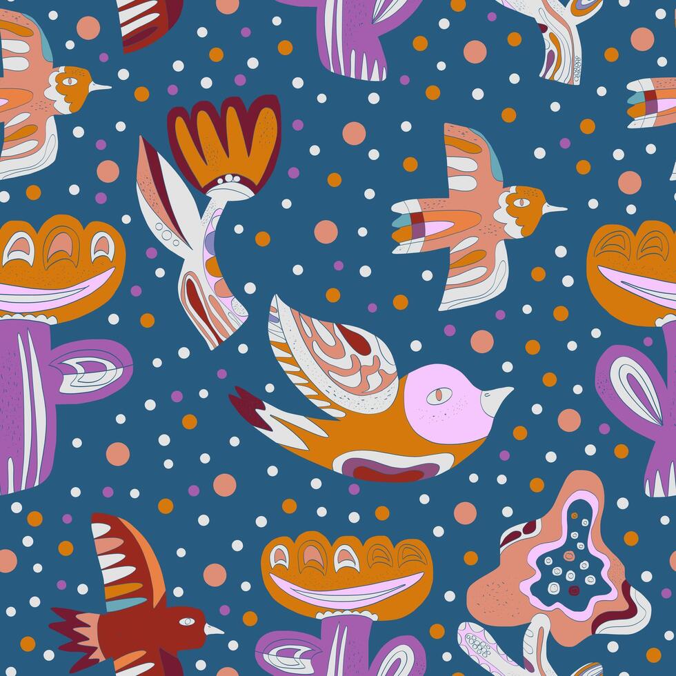 a pattern folk with birds and cactus plants vector