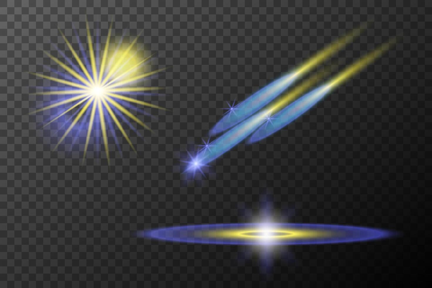 set of realistic glowing stars and light rays background vector