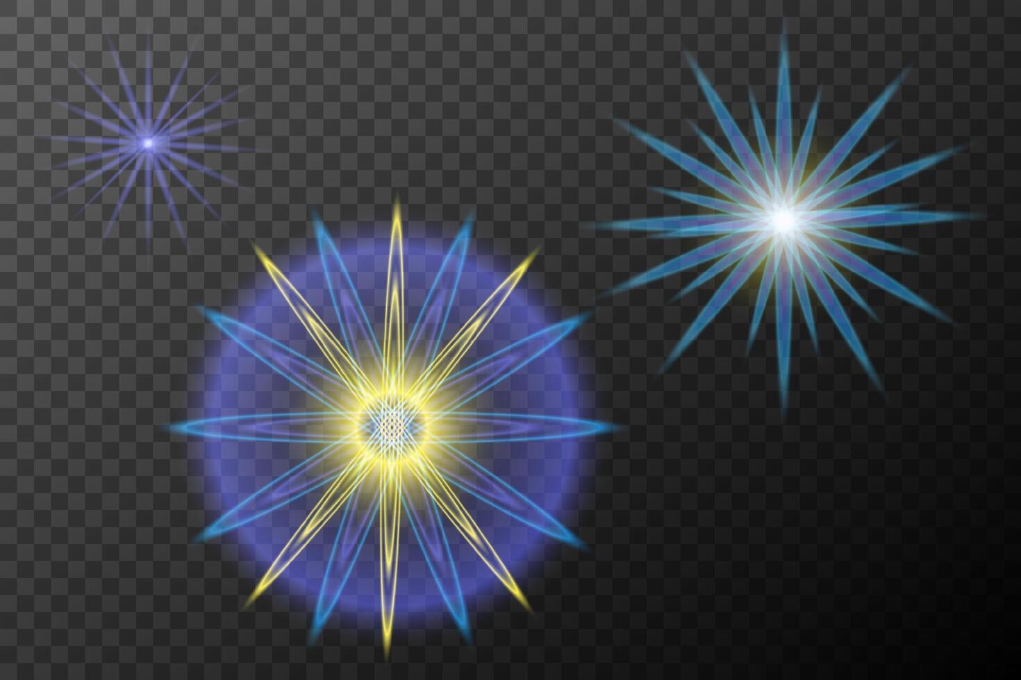 three blue and yellow starburst lights on background vector