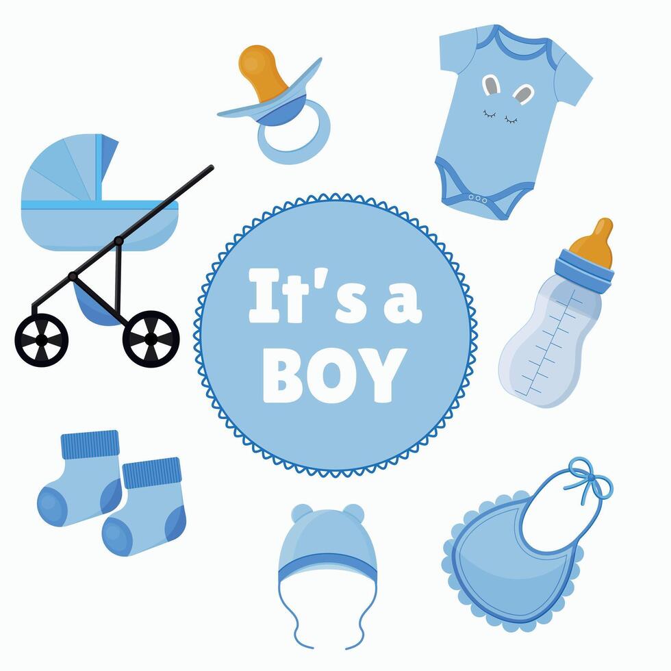 Baby shower. It's a boy. Set of elements for a newborn. vector