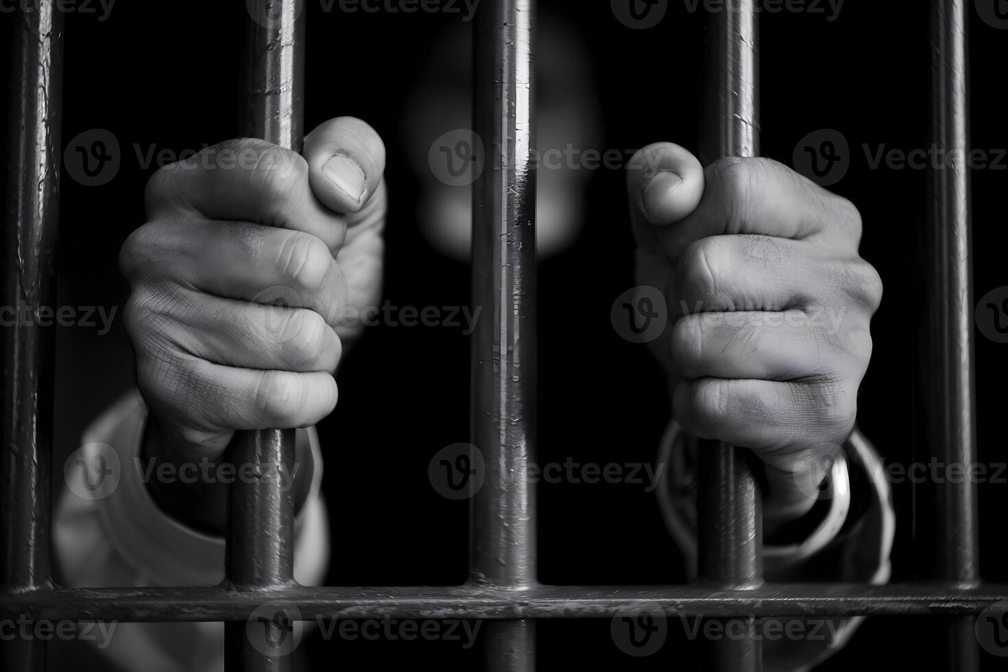 Hands gripping bars symbolize confinement, longing, or hope in black and white photo