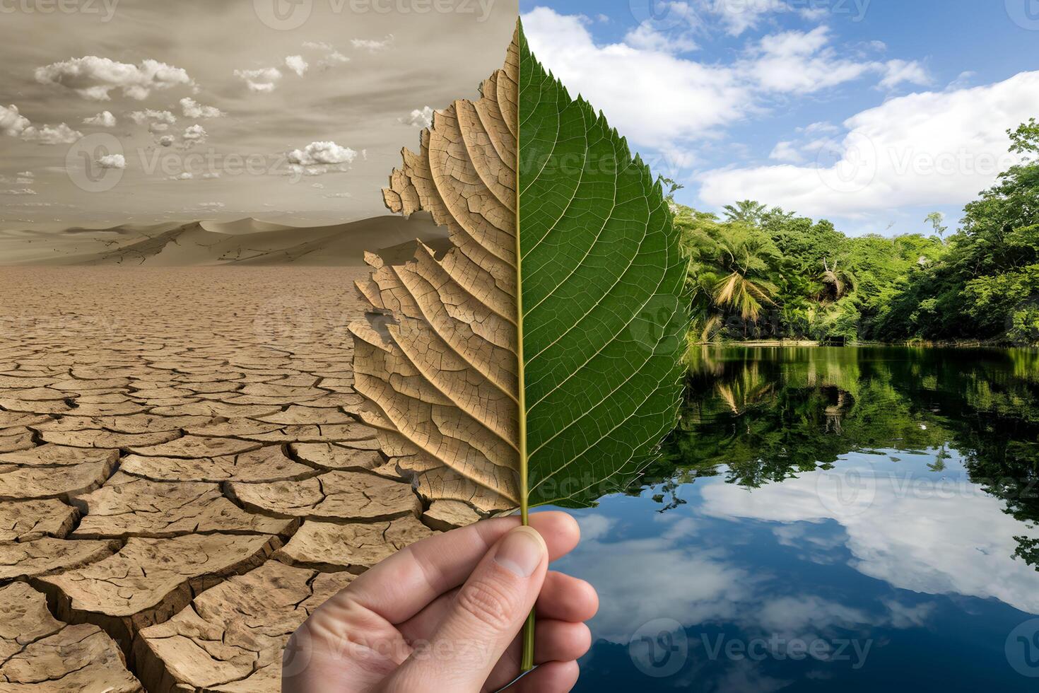 Half dry, half lush leaf symbolizes environmental challenges and hope photo