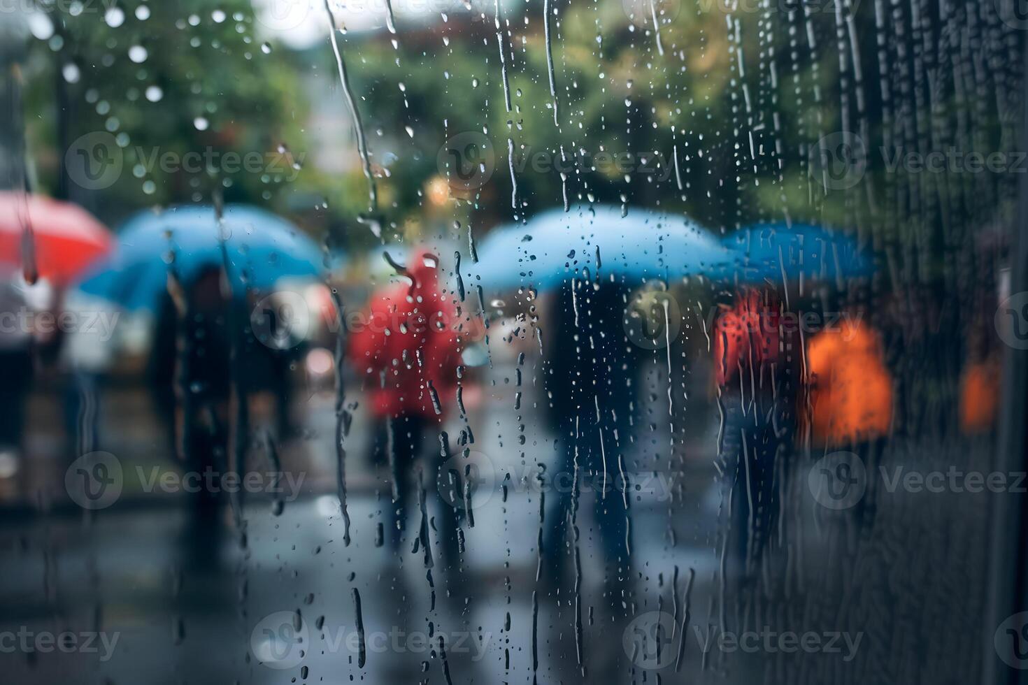 Rain droplets cling to window, blurring figures outside, creating a reflective mood photo
