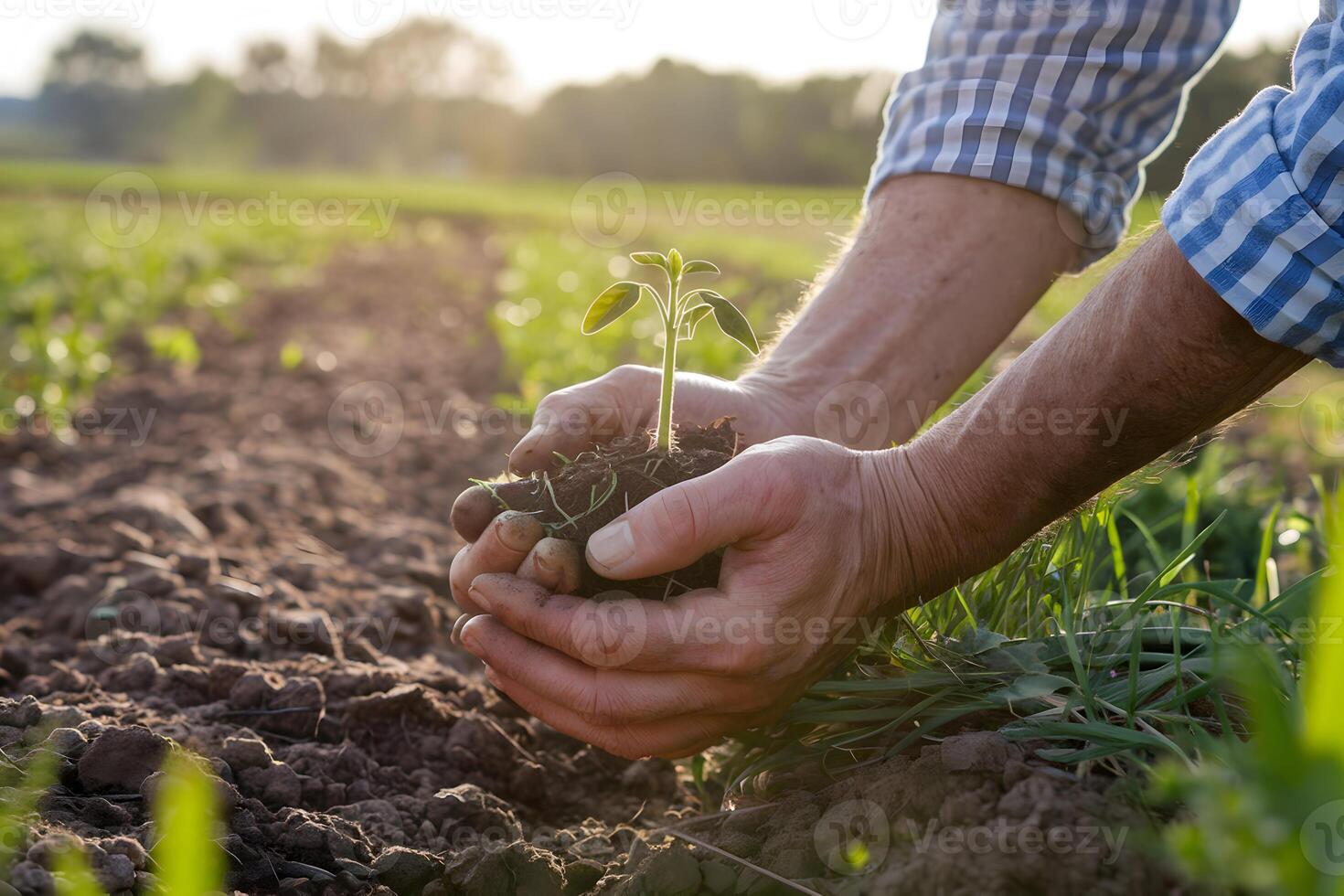 Weathered hands cradle sprout, verdant fields behind evoke nurturing growth photo