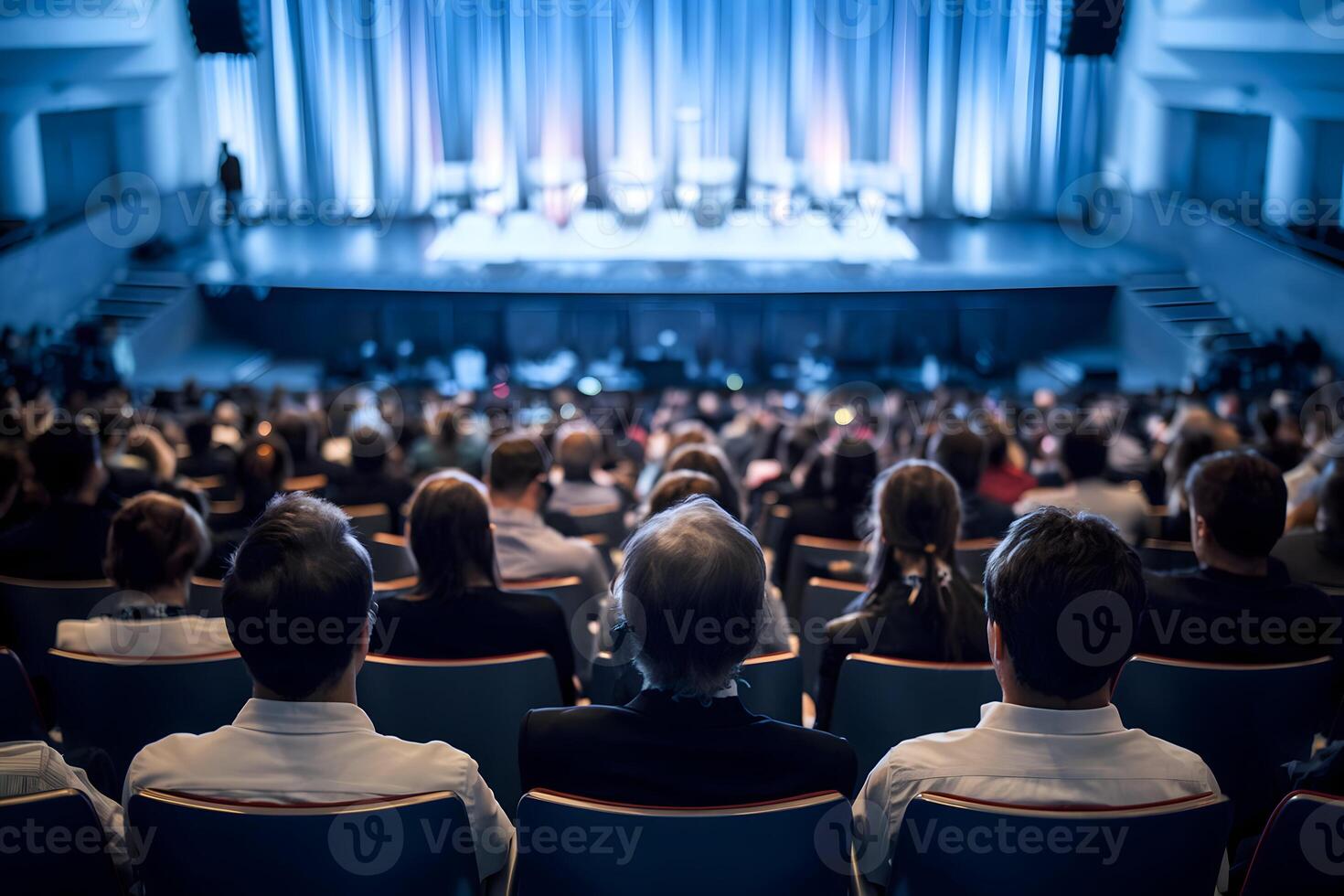 An audience facing a lit stage suggests focus and importance photo