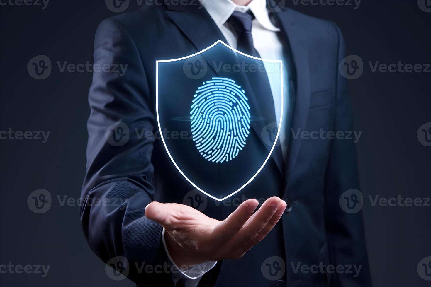 Suit clad man shows holographic shield with fingerprint, blending security with technology photo
