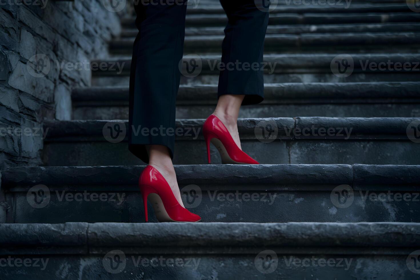 Red high heels climb stone stairs, contrasting dim background with bold determination photo