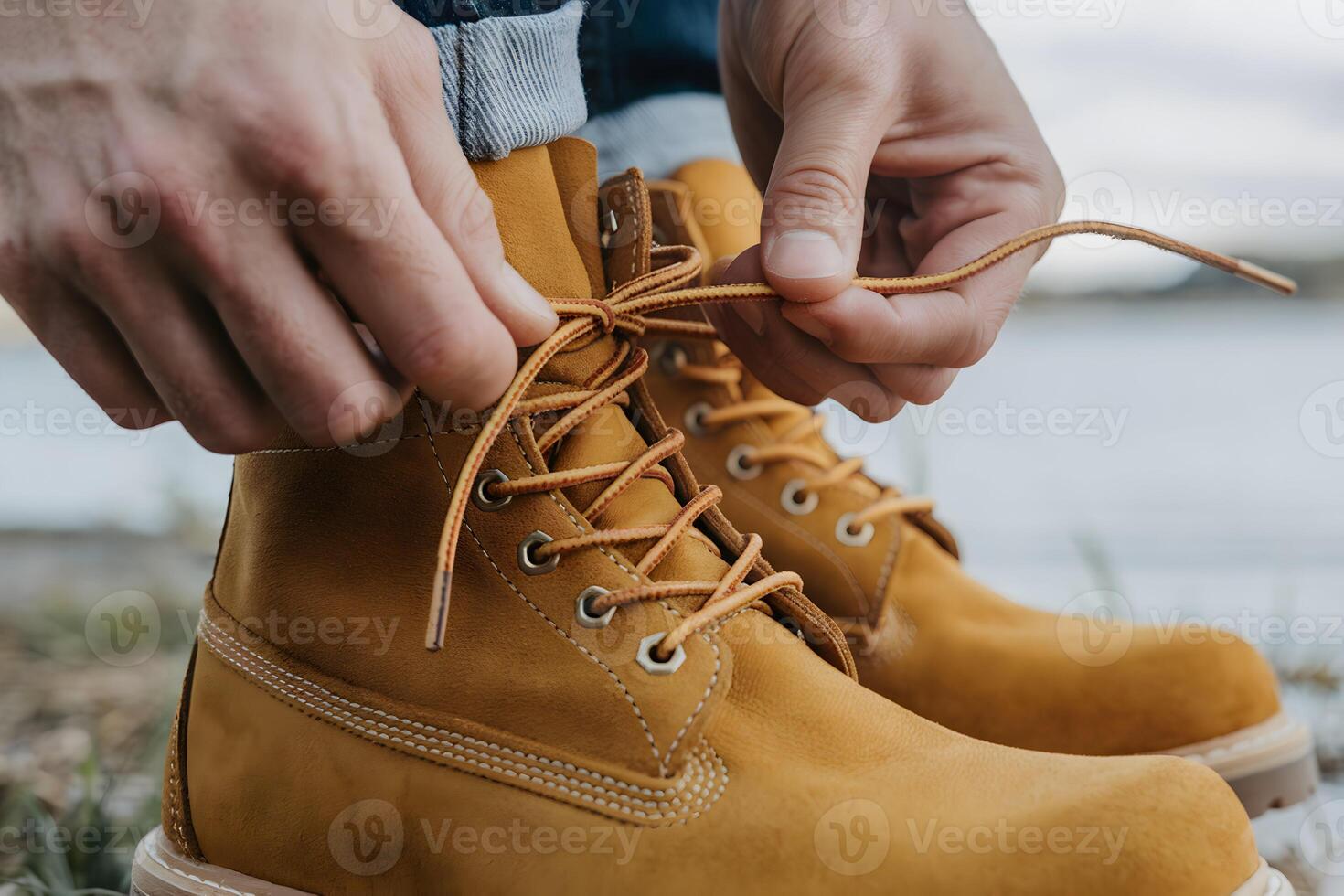 Yellow boots being laced beside a backdrop of sky and water photo