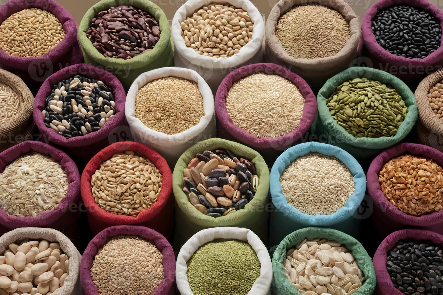 Rustic sacks filled with colorful beans and grains symbolize natural abundance photo