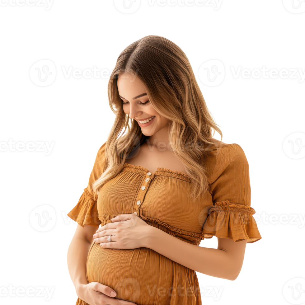 Joyful Expecting Mother Gazing at Baby Bump Transparent Background. png