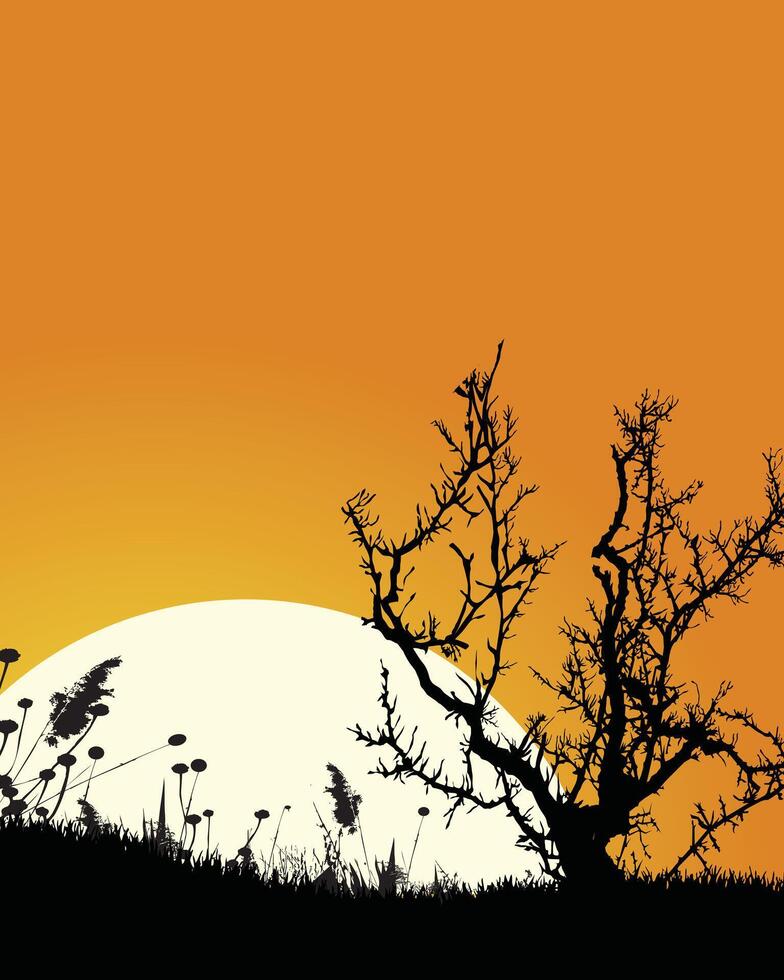 Silhouette of Tree Against Orange Sunset vector