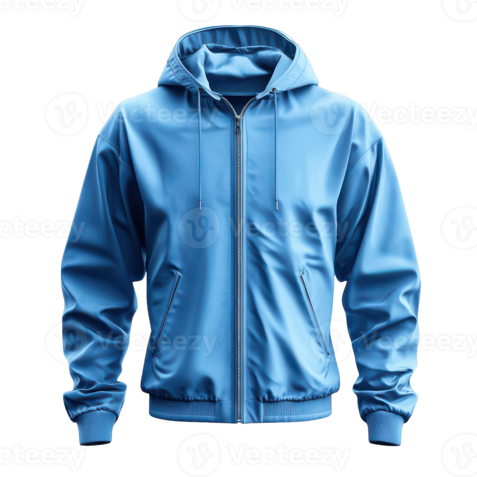 Stylish Blue Windbreaker Jacket Mock-Up Design Transparent Background. png